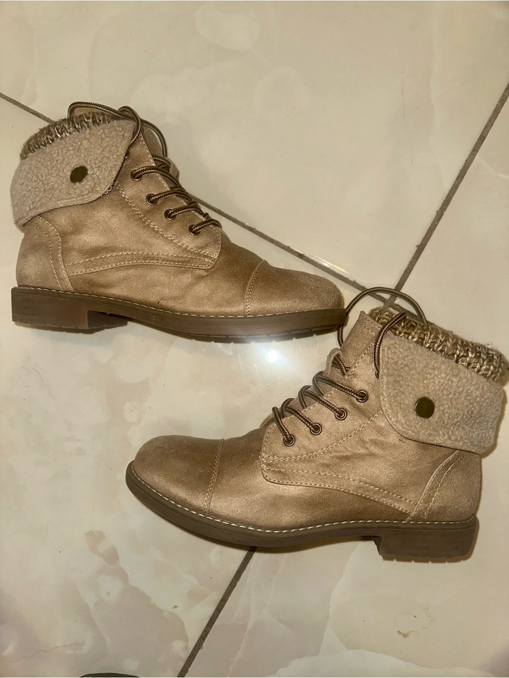 Cliffs by WHITE MOUNTAIN Fold-Over Lace-Up Ankle Boots in Taupe